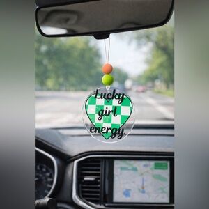Lucky Girl Energy Car Charm | Green Checkered Heart Rearview Mirror Hanger Decor